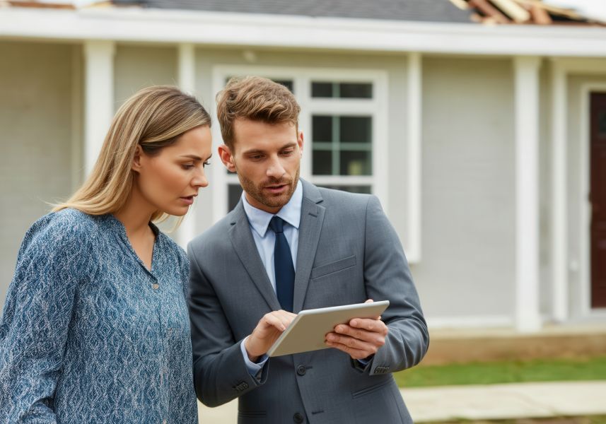 Man and woman standing in front of a house, looking at a tablet