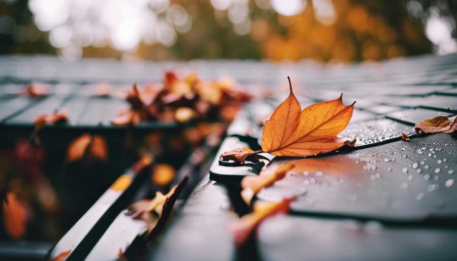 Car with a few autumn leaves scattered on its roof, glistening with water droplets