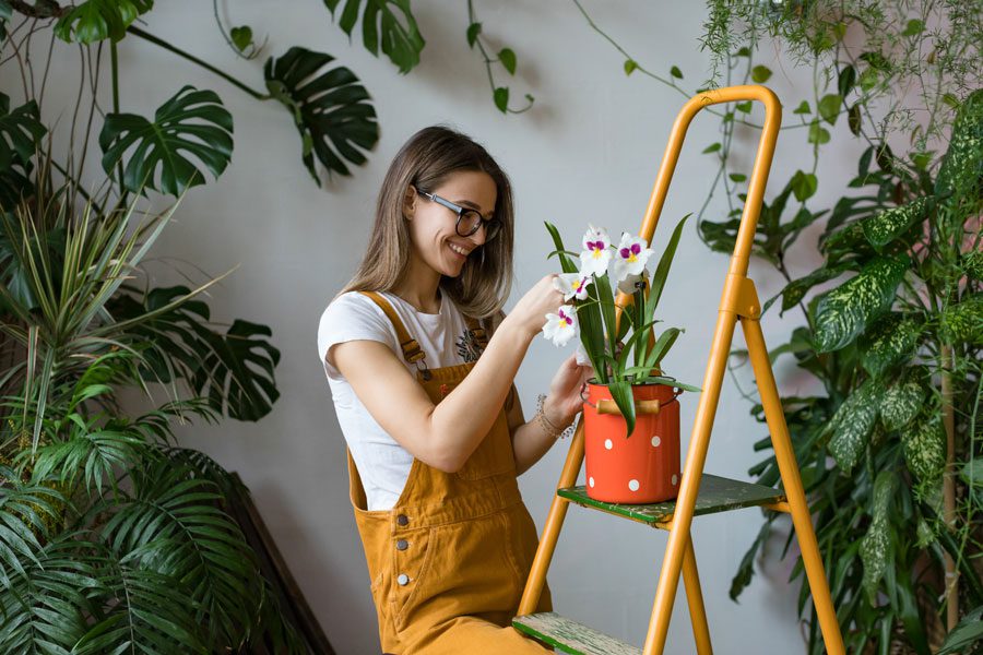 Woman sitting on a ladder, holding a potted plant in her hands and She is surrounded by lush green plants
