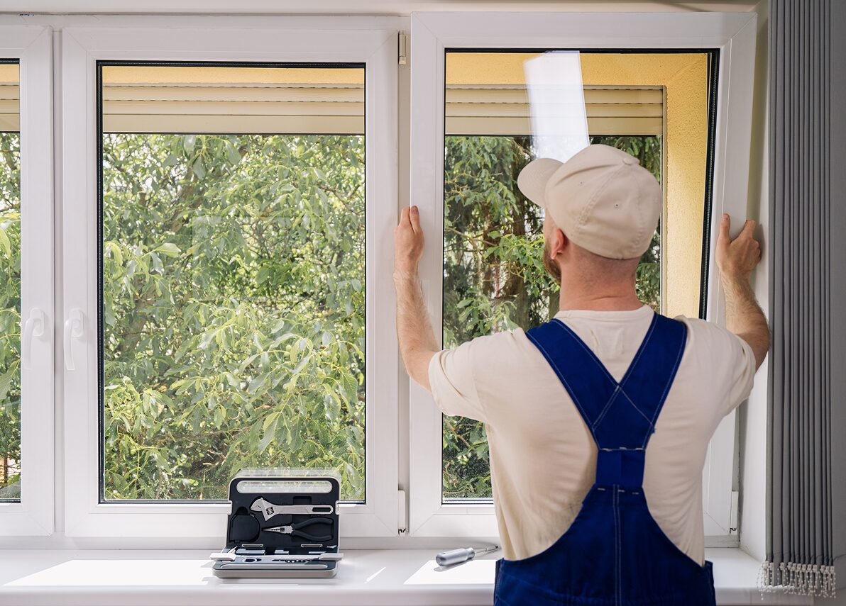 Man in overalls and a hat standing in front of a window, holding a piece of paper in his hand