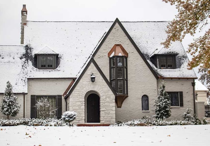 White house with a black door and windows, surrounded by plants and trees
