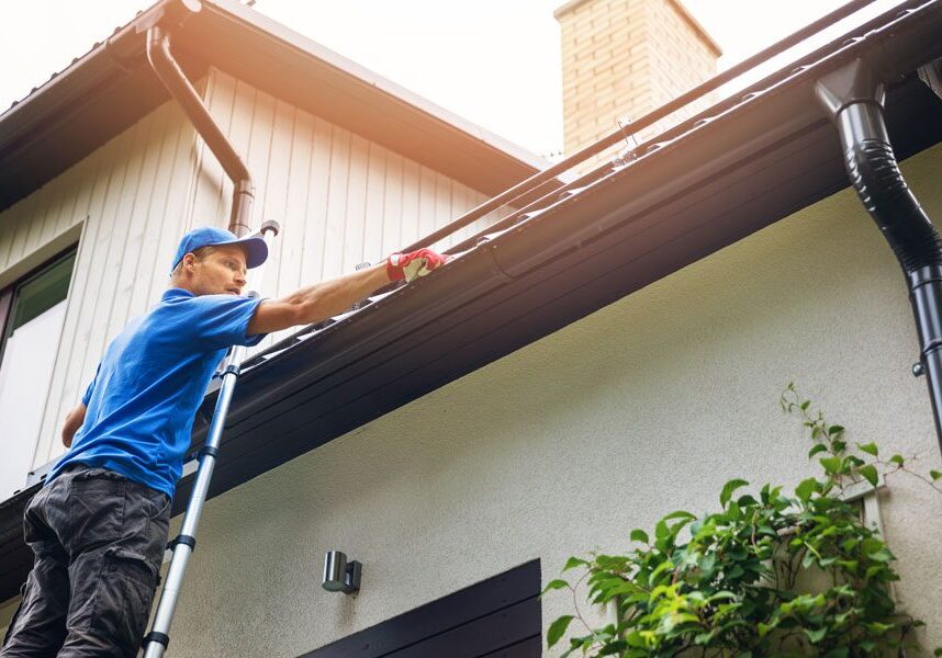 Man on a ladder cleaning the gutters of a house in, CA
