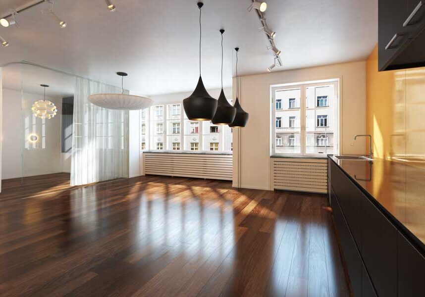 Kitchen with a wooden floor and black cabinets, a sink with a tap, a countertop, a glass door, curtains