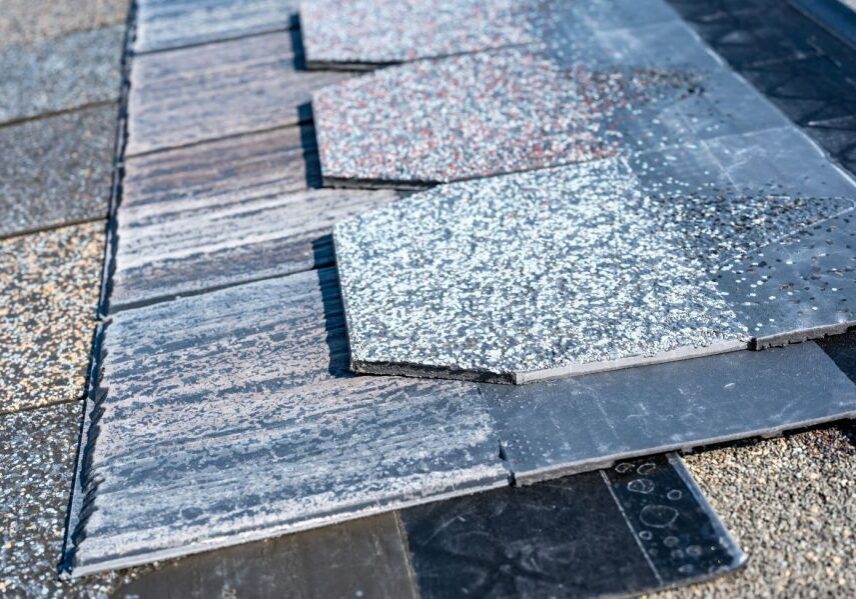 Close up of a roof with a lot of shingles on it, and a black object on the ground