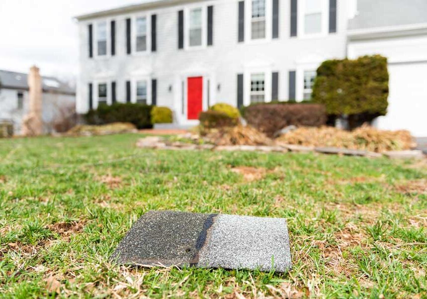 House with a red door in the middle of a grassy area, surrounded by trees and plants